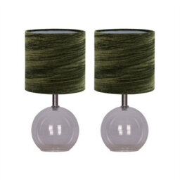 First Choice Lighting Set Of 2 Buck - Clear Glass Table Lamps With Dark Green Velvet Shade