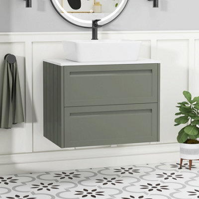 Royal Bathrooms Royal Bathroom Elmore 700mm Matt Green Wall Mounted Bathroom Vanity Unit 2 Drawer Plain White Worktop With Cube Basin - image 1