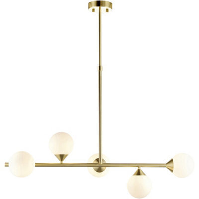 Loops Multi Arm Hanging Ceiling Pendant Light - Satin Brass Plate & Gloss White Glass Shade - 5 X 3W Led G9 - image 1