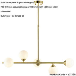 Loops Multi Arm Hanging Ceiling Pendant Light - Satin Brass Plate & Gloss White Glass Shade - 5 X 3W Led G9 - thumbnail 2