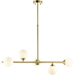 Loops Multi Arm Hanging Ceiling Pendant Light - Satin Brass Plate & Gloss White Glass Shade - 5 X 3W Led G9