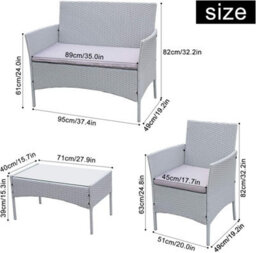Onemill Wicker Rattan Furniture Set 4-Piece With 2 Armchairs,1 Double Seat Sofa And 1 Table(Grey) - thumbnail 5