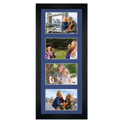 AK Frames 50X20Cm Black Modern Multi Photo Frame With Blue Mount - Holds 4 Apertures (4X) 6X4 Photos - image 1