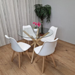 Kosy Koala Round Glass Dining Table Set With 4 White Plastic Chairs Dining Room Furniture - thumbnail 1