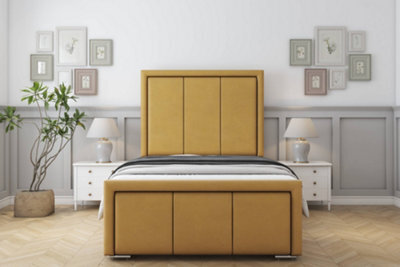 "Sloomy Lancaster Mustard Plush Bed Frame With Mattress With 50"" Upholstered Headboard 4'6 Double" - image 1