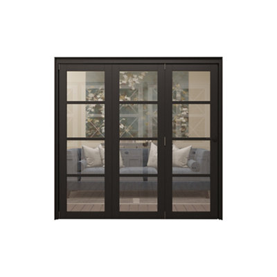 4 Panel Clear Glazed Shaker Black Pine Internal Folding Door Set, (H)2060mm (W)2142mm - Fully Finished - image 1