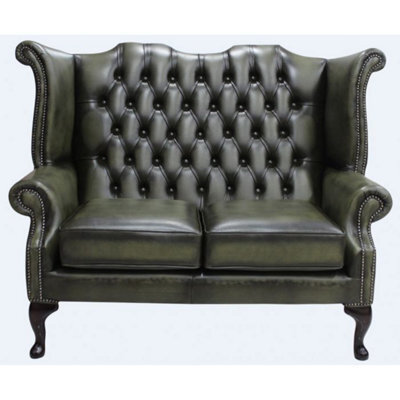 Chesterfield 2 Seater High Back Wing Sofa Antique Olive Leather In Queen Anne Style - image 1