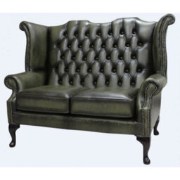 Chesterfield 2 Seater High Back Wing Sofa Antique Olive Leather In Queen Anne Style - thumbnail 3