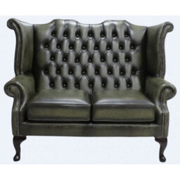 Chesterfield 2 Seater High Back Wing Sofa Antique Olive Leather In Queen Anne Style - thumbnail 1
