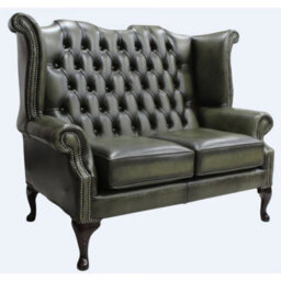 Chesterfield 2 Seater High Back Wing Sofa Antique Olive Leather In Queen Anne Style - thumbnail 2