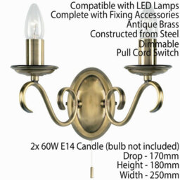 2 Pack Dimmable Led Twin Wall Light Antique Brass Vintage 2X Bulb Lamp Lighting - thumbnail 3