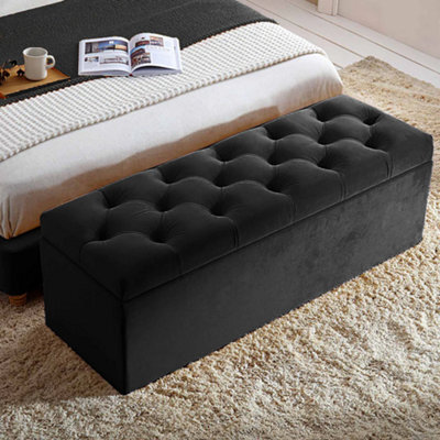 120Cm Chesterfield Ottoman Storage Box- Plush Velvet Shoe Bench - Black Chesterfield Upholstered Blanket Box - image 1