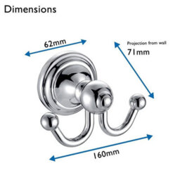 Double Robe Towel Hook Chrome Bathroom Cloakroom Hanger Wall Door Mounted - thumbnail 2