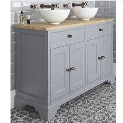 Homestylestore 1210mm Light Grey And Oak Bathroom Vanity Unit With Round Countertop Basins And Bronze Round Handles - image 1