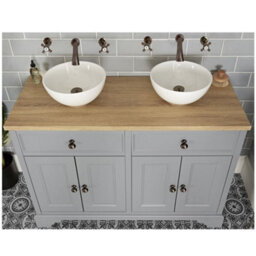 Homestylestore 1210mm Light Grey And Oak Bathroom Vanity Unit With Round Countertop Basins And Bronze Round Handles - thumbnail 2