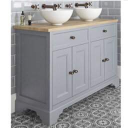 Homestylestore 1210mm Light Grey And Oak Bathroom Vanity Unit With Round Countertop Basins And Bronze Round Handles