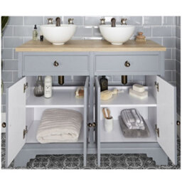 Homestylestore 1210mm Light Grey And Oak Bathroom Vanity Unit With Round Countertop Basins And Bronze Round Handles - thumbnail 3