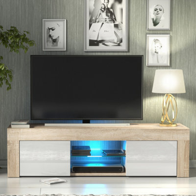 Creative Furniture Loom Tv Unit 130Cm - Oak & White Gloss Doors And Led Lights - image 1
