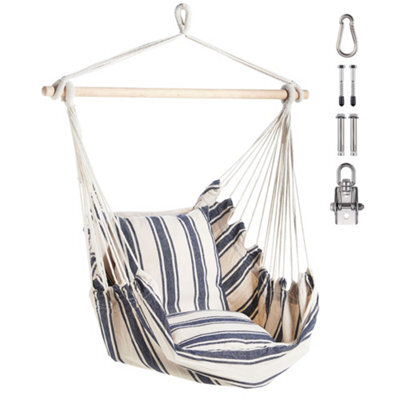 Vonhaus Hanging Chair, Blue And White Striped Garden Hammock Chair Swing Seat, Cotton Rope Garden Swing Chair With Tree Attachment - image 1