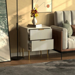 Wooden 2 Drawer Chic Fluted Bedside End Sofa Table Nightstand For Living Bedroom Home With 4 Golden Legs For Bedroom & Living Room - thumbnail 3