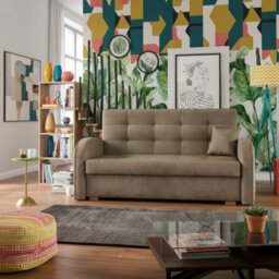 Viva Gold Iii Sofa Bed With Storage Freestanding Upholstered Back Wooden Frame Size 153X98X85Cm Beige - thumbnail 2