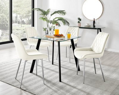 Furniturebox Seattle Scandi Inspired Glass And Black Metal Leg Square Dining Table & 4 Cream Pesaro Velvet Silver Leg Chairs - image 1