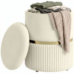 Homcom Round Pouffe Storage Footstool With Hidden Space, Beige - thumbnail 2