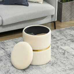 Homcom Round Pouffe Storage Footstool With Hidden Space, Beige - thumbnail 7