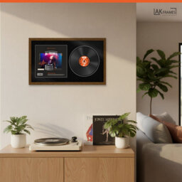 "30X17"" Dark Oak Modern Vinyl Record Frame With Black Mount For 12 Inch Lp Album Cover & Disc - Ak Frames" - thumbnail 5