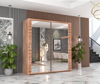 RAC3 Sliding Wardrobe With Mirror Space Saving Bedroom Wardrobe, Contemporary Bedroom Sliding Wardrobe & Mirror Wardrobe (Oak 203Cm) - image 1