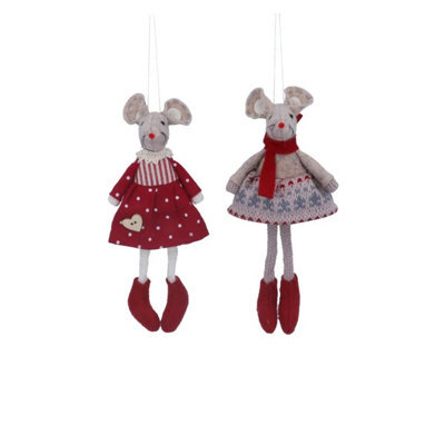 Gisela Graham Christmas Set Of Two Felt Mice In Dresses Christmas Tree Decorations, 16 X 8 Cm, Pair
