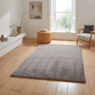 Grey Silver Plain Shaggy 45mm Pile Stain-Resistant Rug For Bedroom, Dining Room, Easy To Clean Modern Rug-120Cm X 170Cm - image 1