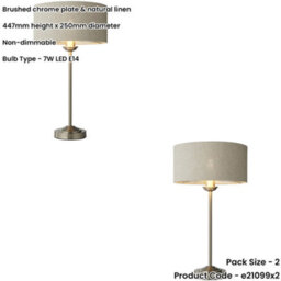 Loops 2 Pack Brushed Chrome Plate Table Lamp - Natural Linen Shade - 447mm Tall Light - 7W Led E14 - thumbnail 2