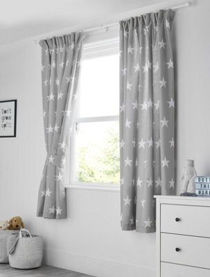 Bloomsbury Mill - Grey & White Stars Curtains For Kids Bedroom - Lined Curtain Pair With Tie Backs 66 X 72 Inch Or 168Cm X 183Cm - image 1