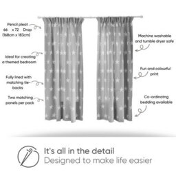 Bloomsbury Mill - Grey & White Stars Curtains For Kids Bedroom - Lined Curtain Pair With Tie Backs 66 X 72 Inch Or 168Cm X 183Cm - thumbnail 4