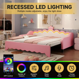 Btm 3Ft Single Daybed With Led Crown Headboard, Pu Sofa Bed With Trundle, Cream White & Pink, No Mattress - thumbnail 7