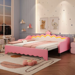 Btm 3Ft Single Daybed With Led Crown Headboard, Pu Sofa Bed With Trundle, Cream White & Pink, No Mattress - thumbnail 2