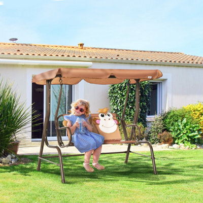 Outsunny 2 Seat Kids Canopy Swing Chair W/ Adjustable Awning, Seatbelt - Brown - image 1