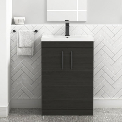 Royal Bathrooms Turin Hale Black 600mm Floor Standing Vanity Unit 2 Door With Mid-Edge Basin Sink & Matt Black Handles - image 1