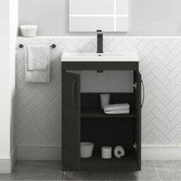 Royal Bathrooms Turin Hale Black 600mm Floor Standing Vanity Unit 2 Door With Mid-Edge Basin Sink & Matt Black Handles - thumbnail 3