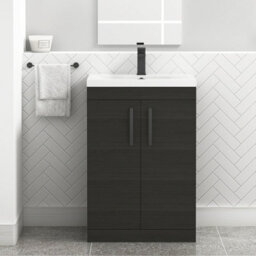 Royal Bathrooms Turin Hale Black 600mm Floor Standing Vanity Unit 2 Door With Mid-Edge Basin Sink & Matt Black Handles - thumbnail 1