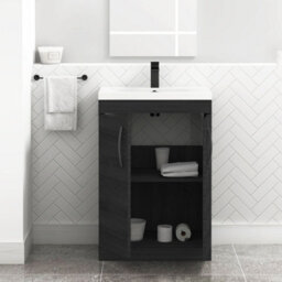 Royal Bathrooms Turin Hale Black 600mm Floor Standing Vanity Unit 2 Door With Mid-Edge Basin Sink & Matt Black Handles - thumbnail 5