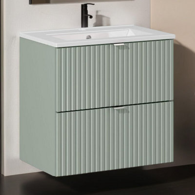 Heze Furniture Line Reed 2 Drawer Bathroom Cabinet Vanity Unit 60Cm With Built-In Basin Sage - image 1