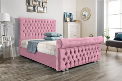 UKBEDFURNITURE Faye Pink Plush Valvet Upholstered Bed Frame Only - Slatted Base - 48 Inch Headboard - image 1