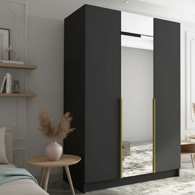 Calia Ii Minimalist Three Door Wardrobe With Mirror Black With Gold Handles - image 1