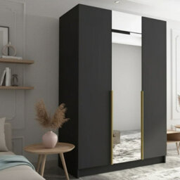 Calia Ii Minimalist Three Door Wardrobe With Mirror Black With Gold Handles - thumbnail 1
