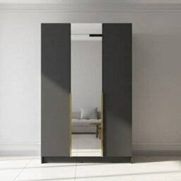 Calia Ii Minimalist Three Door Wardrobe With Mirror Black With Gold Handles - thumbnail 2