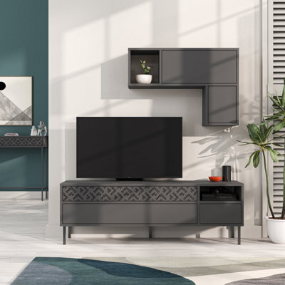 Decortie Heaton Modern Tv Unit Anthracite Grey With Storage And Wall Shelf 144.6Cm - image 1
