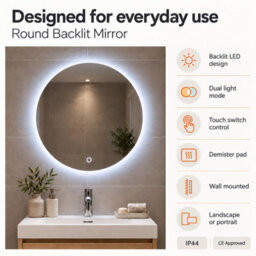 Plum&clay Flint Frameless Bathroom Mirror Led Backlit With Dual Light Options Demister Pad (W)60Cm (H)60Cm - thumbnail 7