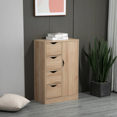 Homcom Freestanding Bathroom Cabinet With 4 Drawers And Door Cupboard Natural - image 1
